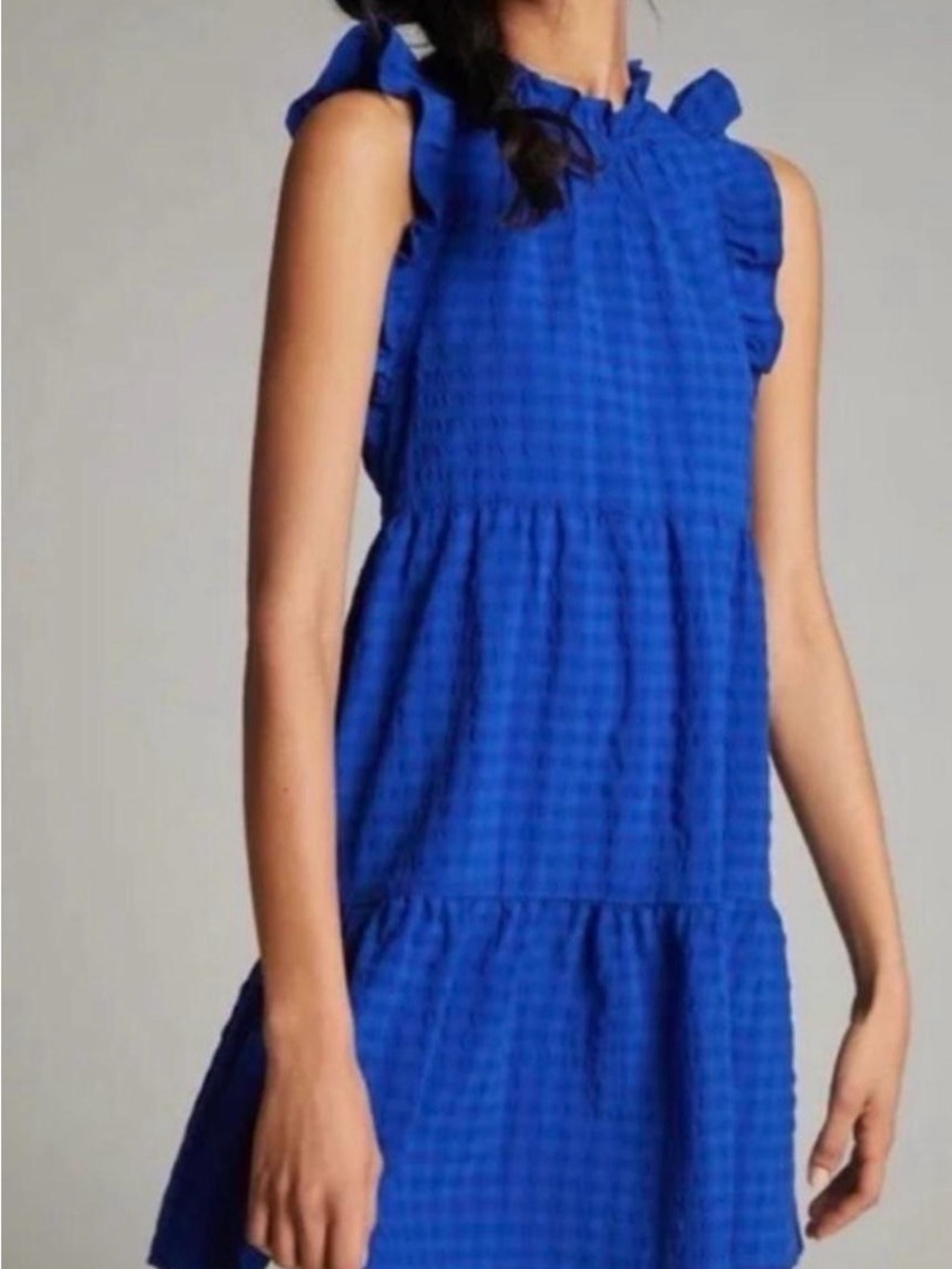 Anthropology Maeve Royal Blue Ruffle Sleeve Tiered Mini Dress size M